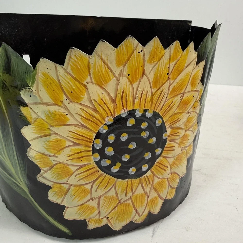 Hand Painted JJ Sunflower Wall Basket Planter Small Metal Yellow‎ Toleware